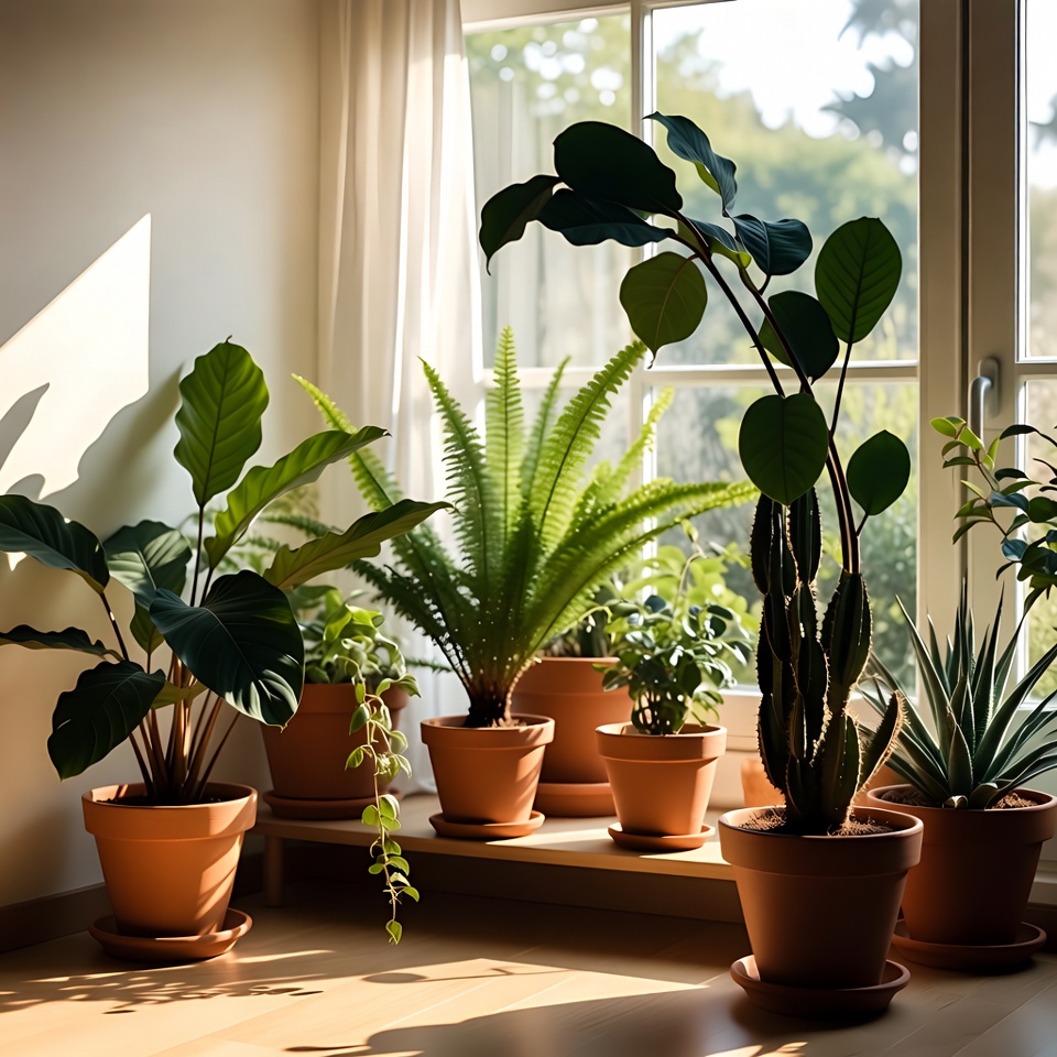 Glass plant mister on a wooden tray beside a small plant.